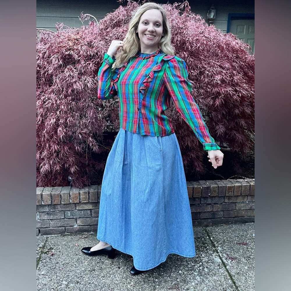 Victorian Tartan Plaid Ruffle Front Blouse Top, All Hand Stitching and Pleats